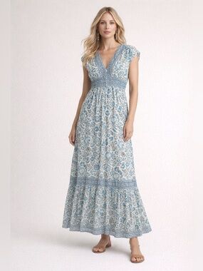 NWT Rachel Zoe Blue & White Floral V-Neck Linen Blend Boho Maxi Dress Size L